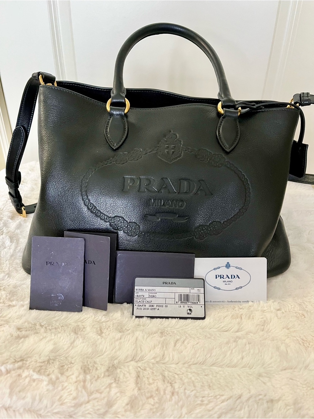 Prada Black Leather Glacé Calfskin Embossed Leather Logo Tote (Authentic) - Picture 13 of 15